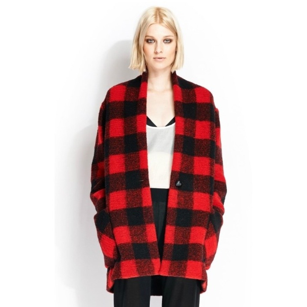 Isabel Marant Etoile Plaid Coat Womens 2 Red Buffalo Wool Blend Oversized